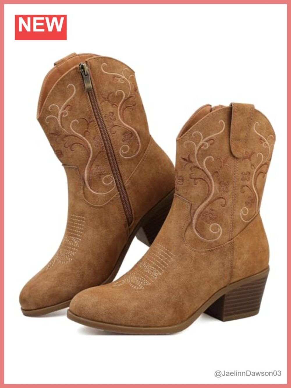Faux Leather Western Ankle Cowgirl Boots Embroidered Side Zip Block Heel